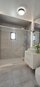 a bathroom with a shower and a toilet and a sink at Apartment Sweet Pear with garage in Armação de Pêra +15 photos