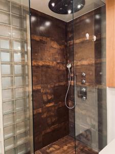 コシツェにあるResident Apartmentのガラスドア付きのシャワー付きのバスルーム