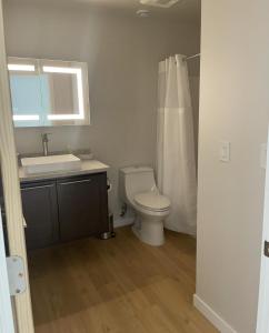 a bathroom with a toilet and a sink and a shower at DWELL in Alaska Apartment d in Fairbanks