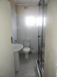 a bathroom with a toilet and a sink and a shower at Sofies's Apartments in Lusaka +5 photos