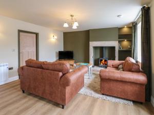 a living room with two couches and a fireplace at Hollywood Cottage in Barnard Castle