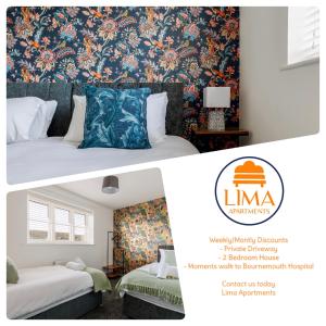 a collage of two pictures of a hotel room at 2 bedroom House-Driveway - Bournemouth Hospital - Long Stay Discounts - Lima Apartments Ltd in Bournemouth