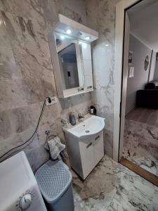 a bathroom with a sink and a mirror at Apartman MILOVANOVIĆ in Vrnjačka Banja +9 photos