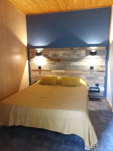 a bedroom with a large bed with two yellow pillows at Nid Douillet in Poncins +27 photos