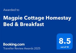 Certifikat, nagrada, znak ali drug dokument, ki je prikazan v nastanitvi Magpie Cottage Homestay Bed & Breakfast