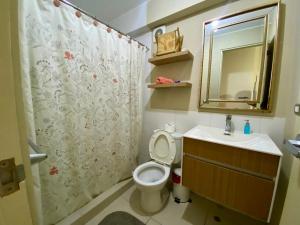 a bathroom with a toilet and a sink and a mirror at Céntrico departamento en Lima in Lima +11 photos
