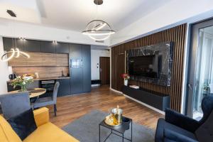 Una sala de estar con un sofá y un televisor en FRANKO APARTAMENTS - Hanza Tower, en Szczecin