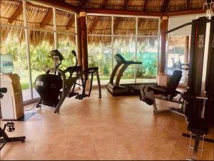 イスタパにあるGreat Beachfront Amara Condo Ixtapaの窓付きの客室にジム(複数のトレッドマシン付)