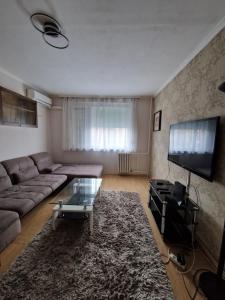 a living room with a couch and a flat screen tv at Erzsebet Apartman, free parking in Budapest