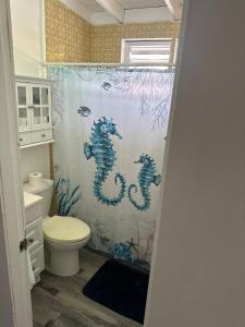 a bathroom with a shower with a seahorse shower curtain at Sea Breeze Paradise in Cabo Rojo