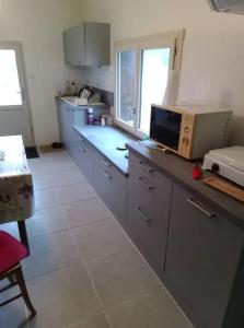 a kitchen with a counter with a microwave on it at Maison conviviale avec jardin à Raslay, 80 m² in Raslay +7 photos