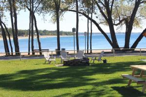 a group of chairs sitting in the grass near the water at Balm Beach Resort and Motel in Balm Beach