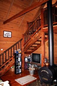 una sala de estar con estufa de leña en una cabaña en Wombat Cabin, en Moina