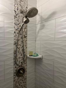 a bathroom with a shower with a shower head at City and Stadium Sanctuary Vibes in Orlando +40 photos