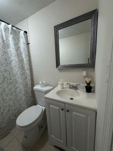 a bathroom with a toilet and a sink and a mirror at Pacifica Blue Ocean in Dania Beach