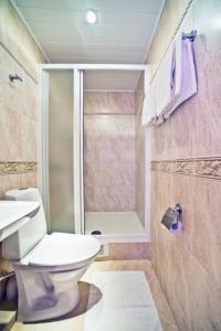 a bathroom with a white toilet and a shower at Vila Flora in Juodkrantė +31 photos