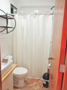 a bathroom with a toilet and a shower curtain at Departamento amplio, moderno, Cusco Perú in Cusco