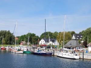 eine Gruppe von Booten, die in einem Hafen angedockt sind in der Unterkunft Ferienwohnung Hiddensee Hitthim in Kloster