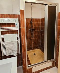 een badkamer met een douche met een glazen deur bij Armorial studio cosy 100m plage in Deauville