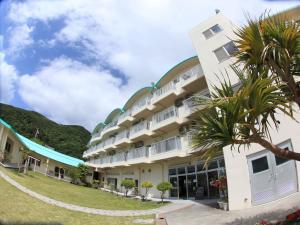 a building with a palm tree in front of it at Tokashiku Marine Villege in Tokashiki
