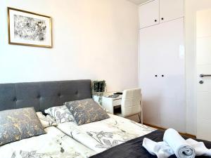 a bedroom with a bed and a desk at COZY PLACE NEAR BUS AND RAILWAY STATION with common kitchen, bathroom and toilet in Zagreb