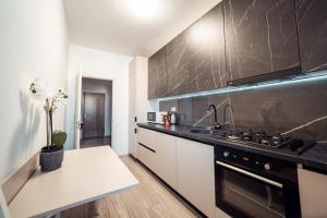 een keuken met een fornuis en een aanrechtblad bij COZY Premium Collection - Q Studios Palas Mall Iasi in Iaşi +23 foto's