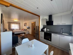 a kitchen and living room with a white table and chairs at Ferienhaus Lenartz in Kliding