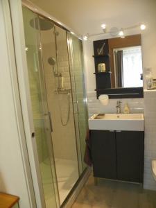 a bathroom with a shower and a sink at Provencal Vintage Cocoon in LʼIsle-sur-la-Sorgue