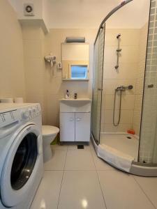 y baño con lavadora y ducha. en Cozy 3 Bedroom Apartments In Centre of Iasi Palas Mall, en Iaşi 17 fotos más