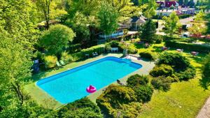 an overhead view of a swimming pool in a yard at Romantik Panzió in Bük