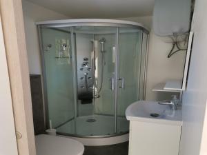 a bathroom with a shower and a toilet and a sink at Natura Fina Resort in Ravne na Koroškem