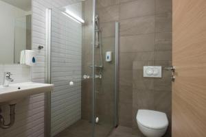 a bathroom with a shower and a toilet and a sink at Hotel Gullfoss in Haukadalur