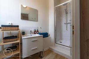 a bathroom with a sink and a shower at Les vieilles tours Bellevue Parking in Chambéry