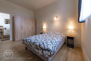 a bedroom with a bed with a blue and white blanket at Les vieilles tours Bellevue Parking in Chambéry +20 photos