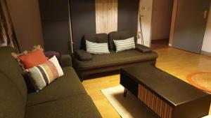 un salon avec deux canapés et une table basse dans l'établissement Mt St Martin ,1er étage, 3 lits doubles séparés, à Mont-Saint-Martin