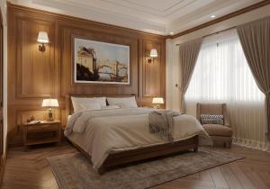 ホーチミン・シティにあるLa Sonata Hotelのベッドルーム1室(ベッド1台、椅子、窓付)