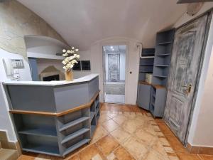 a kitchen with a large island with shelves at Centrum Apartman in Debrecen