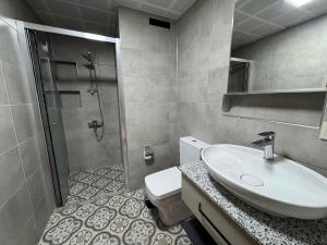 a bathroom with a sink and a shower and a toilet at Bademli Han Otel in Ulucak +23 photos