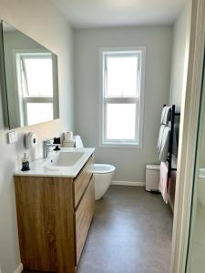 Taupo AirportにあるBrand new Lakeside cozy homeの洗面台、トイレ、鏡のあるバスルーム +10枚の写真