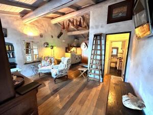 a living room with a ladder in a room at San Fruttuoso Amazing Cottage in San Fruttuoso