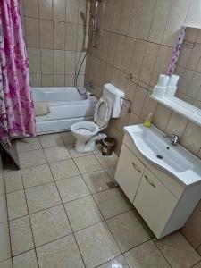 a bathroom with a toilet and a tub and a sink at Apartament 3 camere 3 paturi pentru 6 pers,plus un pat de o persoană de rezervă in Sibiu