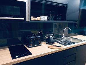 a kitchen counter with a sink and a toaster and a toaster at Sky City Apartments in Coventry