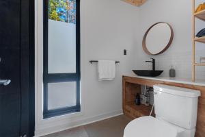 a bathroom with a toilet and a sink and a mirror at Chillwood - Sauna & Cold Plunge - Hammock Beds in Notre-Dame-de-la-Merci +33 photos
