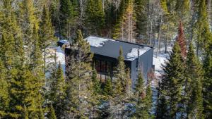 an aerial view of a house in the woods at Chillwood - Sauna & Cold Plunge - Hammock Beds in Notre-Dame-de-la-Merci