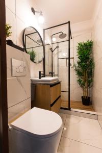 un bagno con un water, un lavandino e uno specchio di Old Town apartment with Amazing View from the Balcony a Bucarest Altre 83 foto