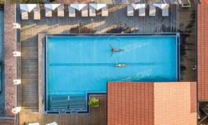 a bird flying over a large swimming pool at Natur- & Wellnesshotel Brunner Hof in Arnschwang