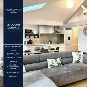 a living room with a couch and a kitchen at Le Cocon Landais - Clim - Balcon - Central - Spacieux - Lumineux in Mont-de-Marsan