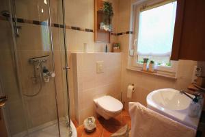 ein Badezimmer mit Dusche, Toilette und Waschbecken in der Unterkunft Seweko - Ferienhaus am Donnerberg - Kamin & Küche in Wittstock