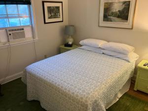 a bedroom with a bed with a white comforter and a window at Green garden view in New Orleans