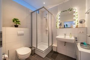 a bathroom with a shower and a toilet and a sink at GREAT PLACE Top Penthouse Stuttgart Airport & Messe in Filderstadt +24 photos